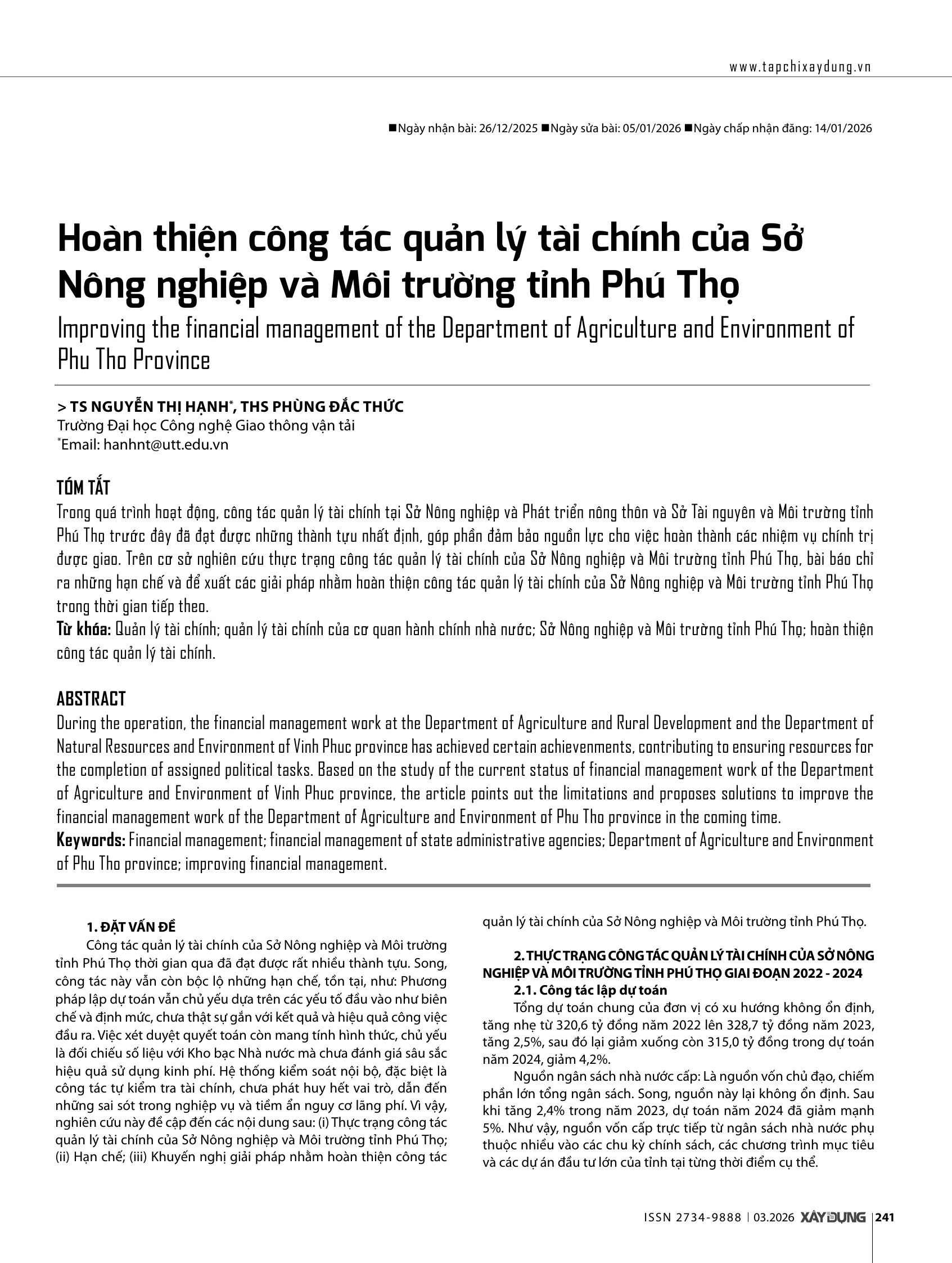 Hoàn thiện công tác quản lý tài chính của Sở Nông nghiệp và Môi trường tỉnh Phú Thọ