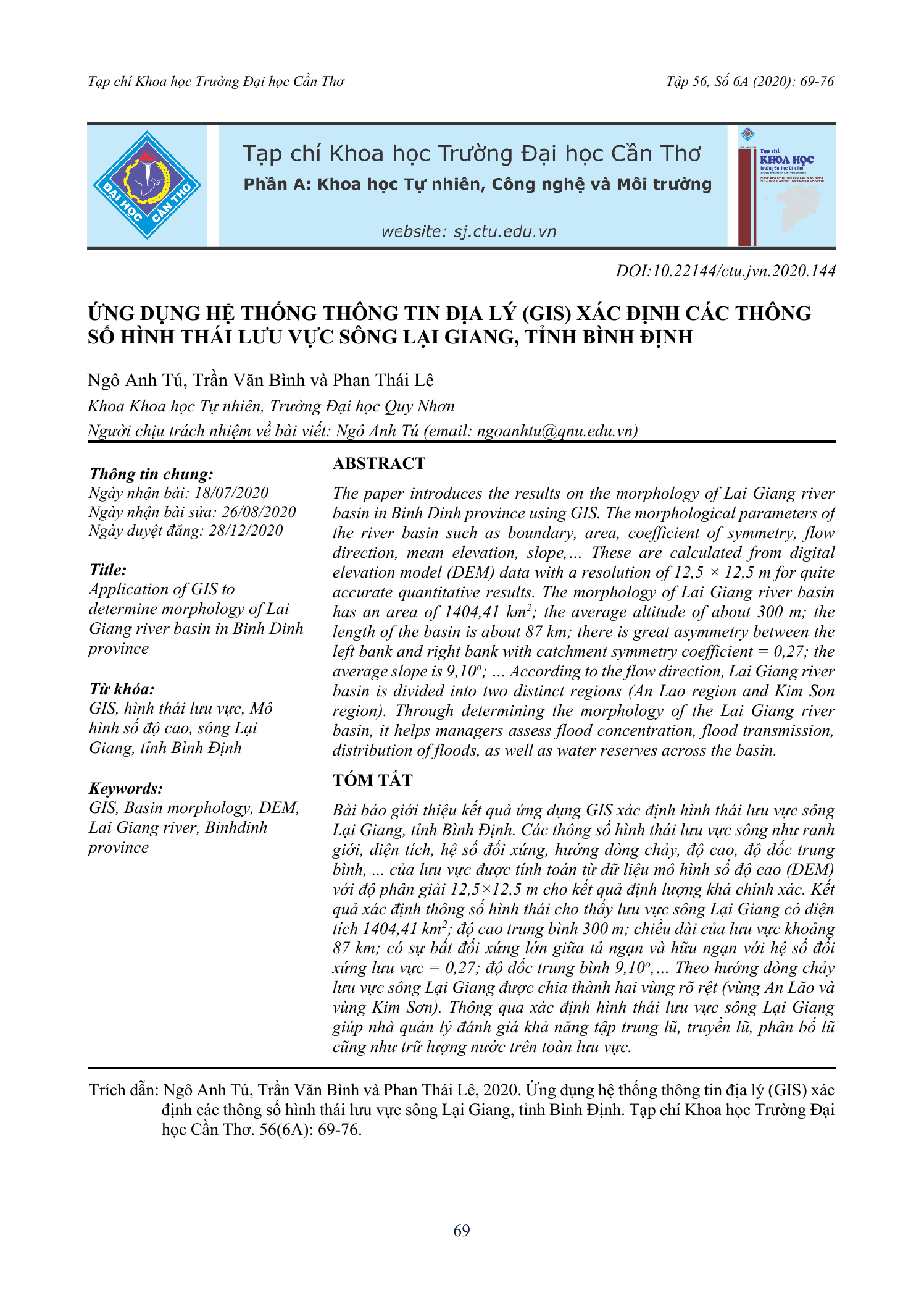 Ứng dụng hệ thống thông tin địa lý (GIS) xác định các thông số hình thái lưu vực sông Lại Giang, tỉnh Bình Định