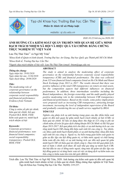 Ảnh hưởng của kiểm soát quản trị đến mối quan hệ giữa minh bạch trách nhiệm xã hội và hiệu quả tài chính: Bằng chứng thực nghiệm từ Việt Nam