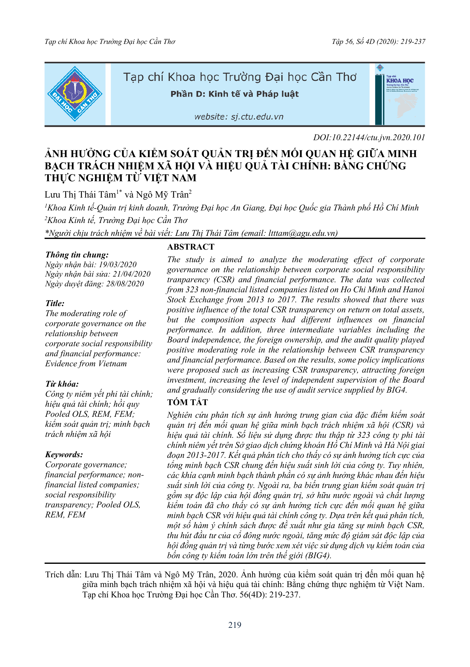 Ảnh hưởng của kiểm soát quản trị đến mối quan hệ giữa minh bạch trách nhiệm xã hội và hiệu quả tài chính: Bằng chứng thực nghiệm từ Việt Nam