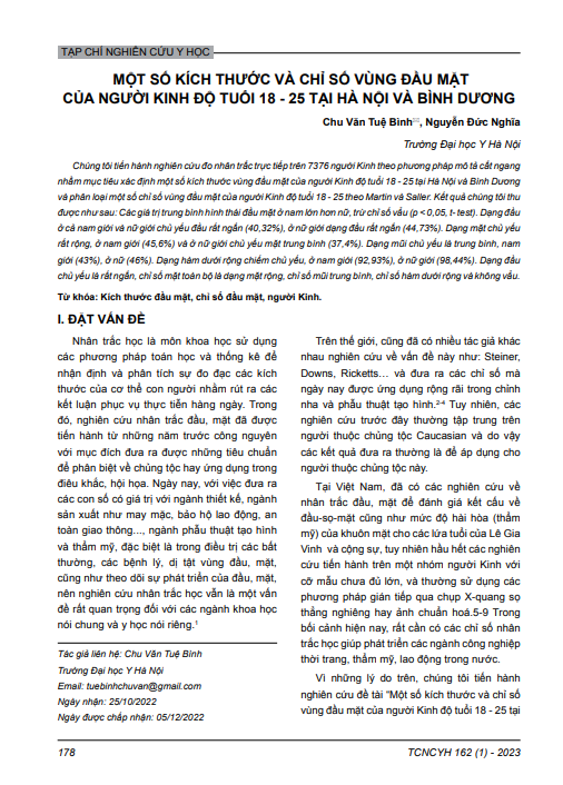 Một số kích thước và chỉ số vùng đầu mặt của người Kinh độ tuổi 18 - 25 tại Hà Nội và Bình Dương
