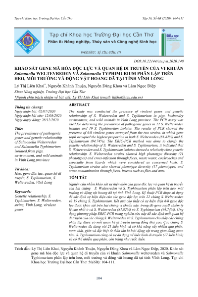 Khảo sát gene mã hóa độc lực và quan hệ di truyền của vi khuẩn Salmonella Weltevreden và Salmonella Typhimurium phân lập trên heo, môi trường và động vật hoang dã tại tỉnh Vĩnh Long