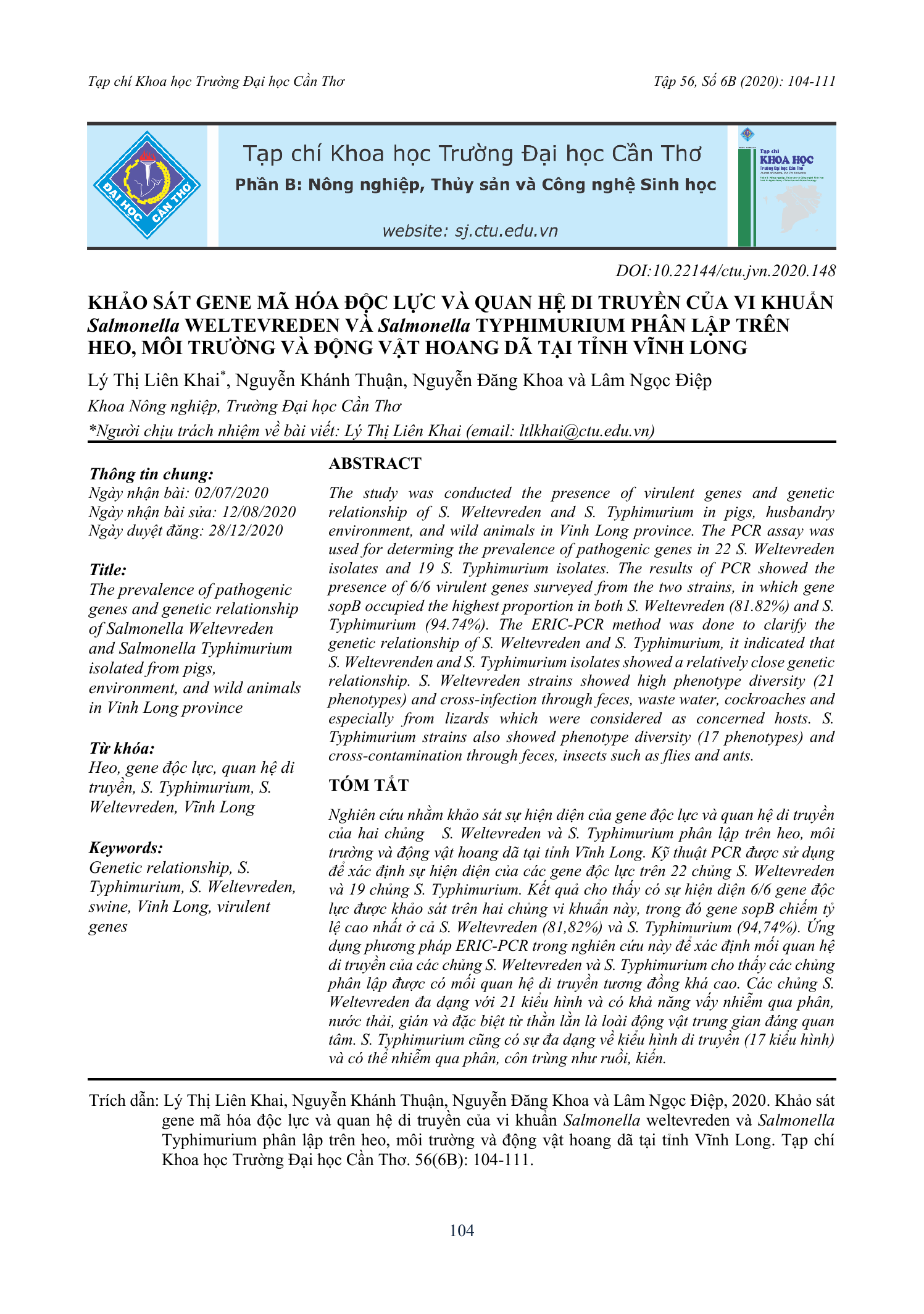 Khảo sát gene mã hóa độc lực và quan hệ di truyền của vi khuẩn Salmonella Weltevreden và Salmonella Typhimurium phân lập trên heo, môi trường và động vật hoang dã tại tỉnh Vĩnh Long