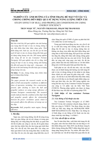 Nghiên cứu ảnh hưởng của tình trạng bề mặt vỏ tàu và chong chóng đến hiệu quả sử dụng năng lượng trên tàu