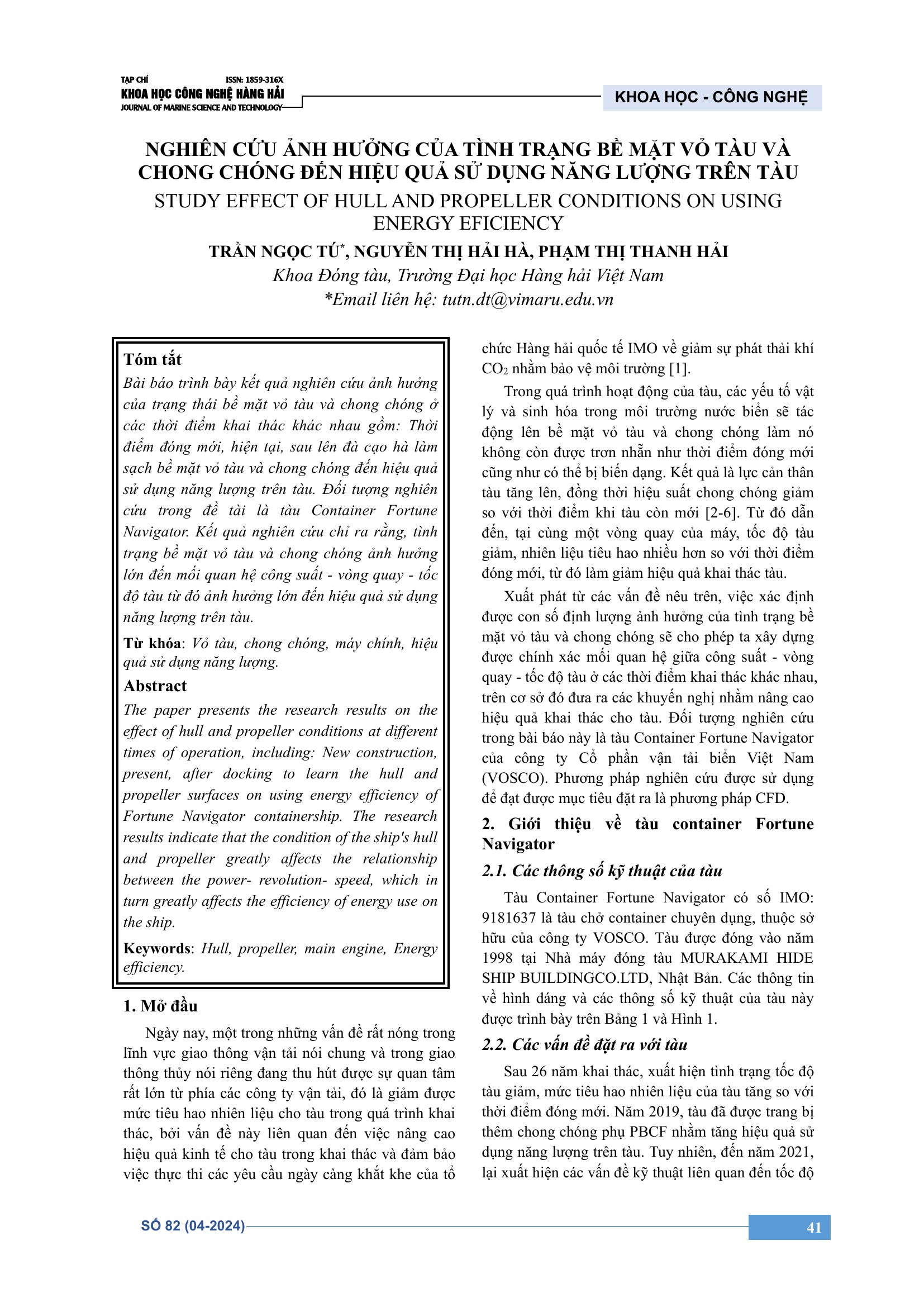 Nghiên cứu ảnh hưởng của tình trạng bề mặt vỏ tàu và chong chóng đến hiệu quả sử dụng năng lượng trên tàu