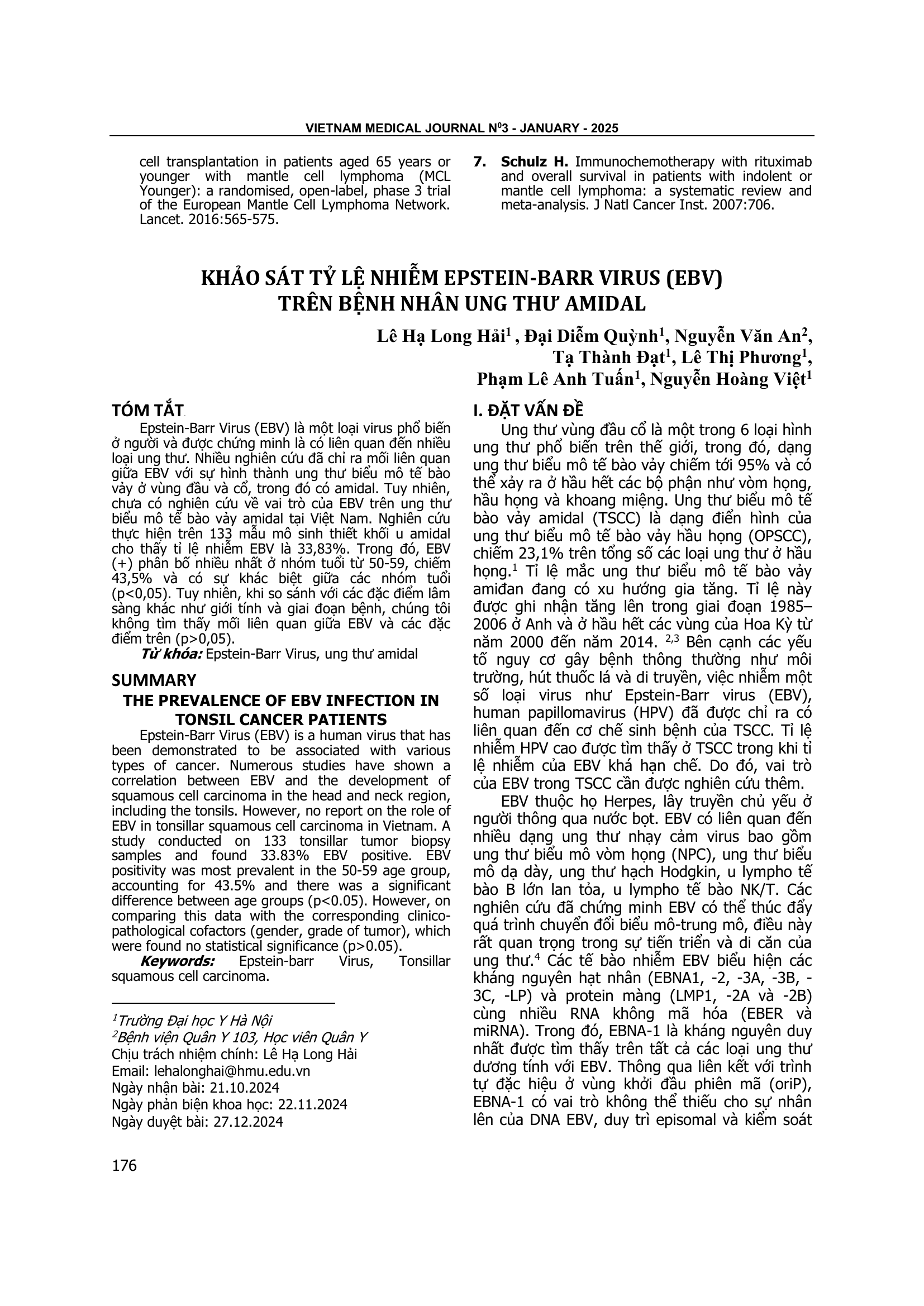 Khảo sát tỷ lệ nhiễm Epstein-Barr virus (EBV) trên bệnh nhân ung thư amidal