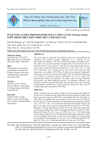 Tỉ lệ năng lượng protein/lipid tối ưu cho cá lóc (Channa striata) nuôi trong điều kiện nhiệt độ và độ mặn cao