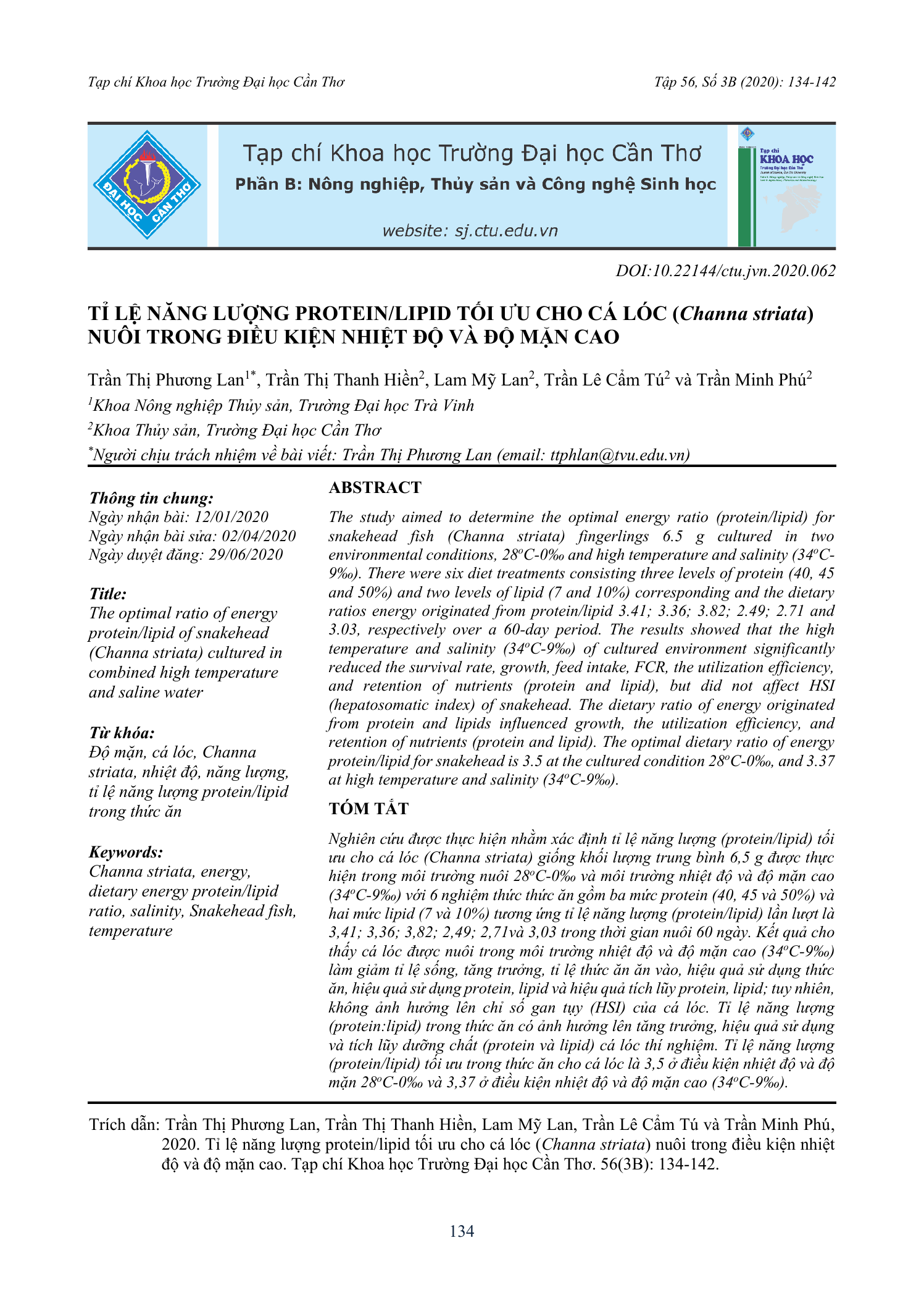 Tỉ lệ năng lượng protein/lipid tối ưu cho cá lóc (Channa striata) nuôi trong điều kiện nhiệt độ và độ mặn cao