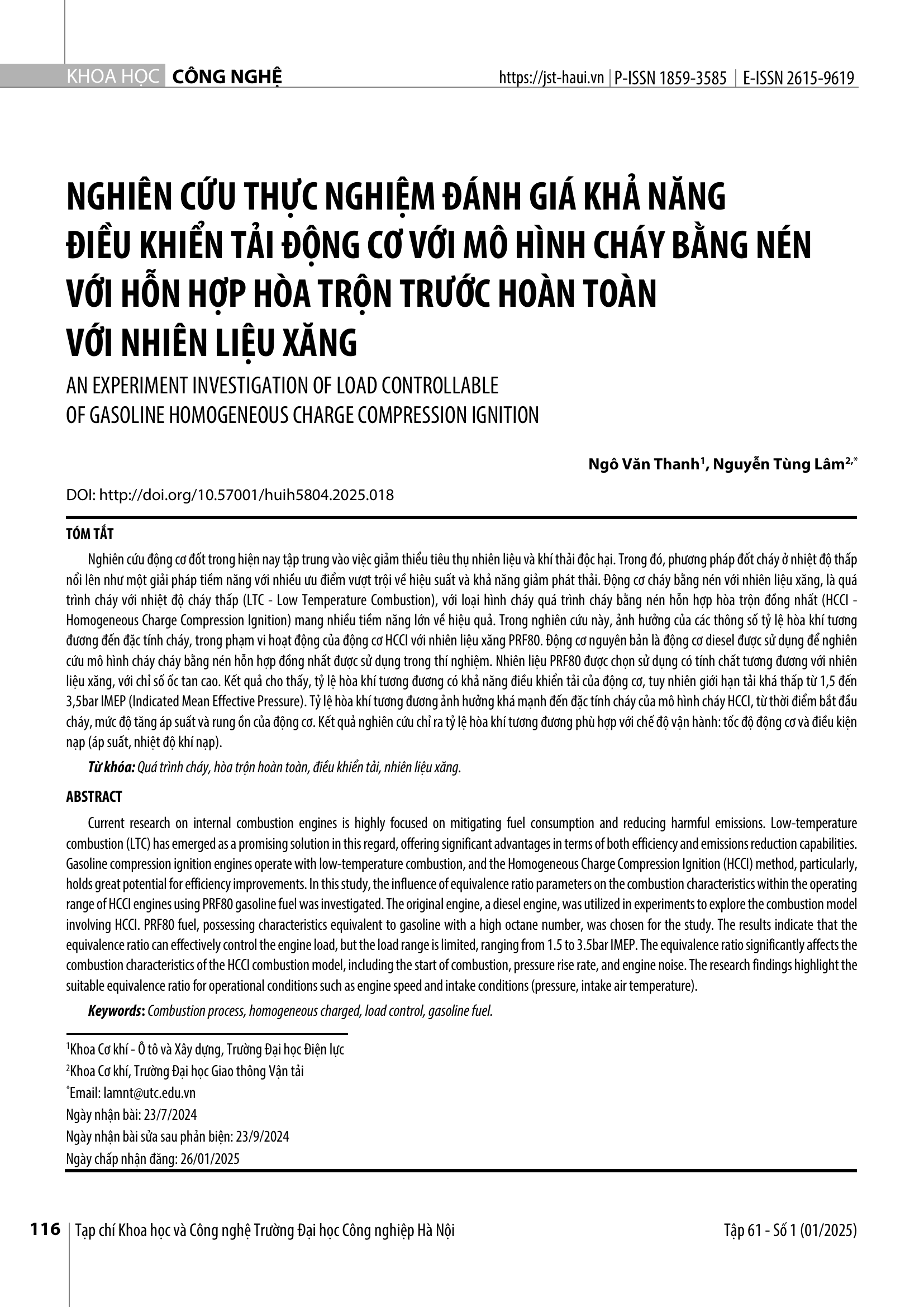 Nghiên cứu thực nghiệm đánh giá khả năng điều khiển tải động cơ với mô hình cháy bằng nén với hỗn hợp hòa trộn trước hoàn toàn với nhiên liệu xăng