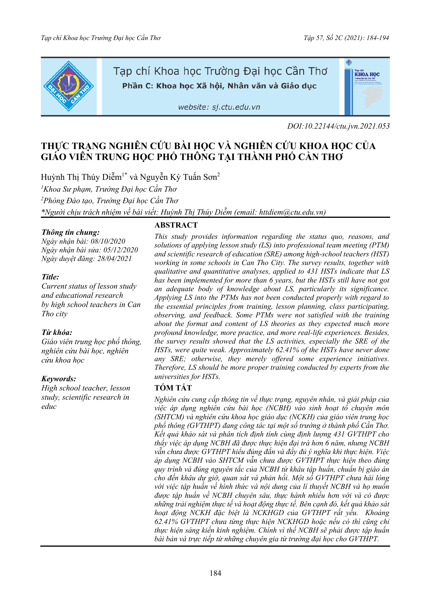 Thực trạng nghiên cứu bài học và nghiên cứu khoa học của giáo viên trung học phổ thông tại thành phố Cần Thơ