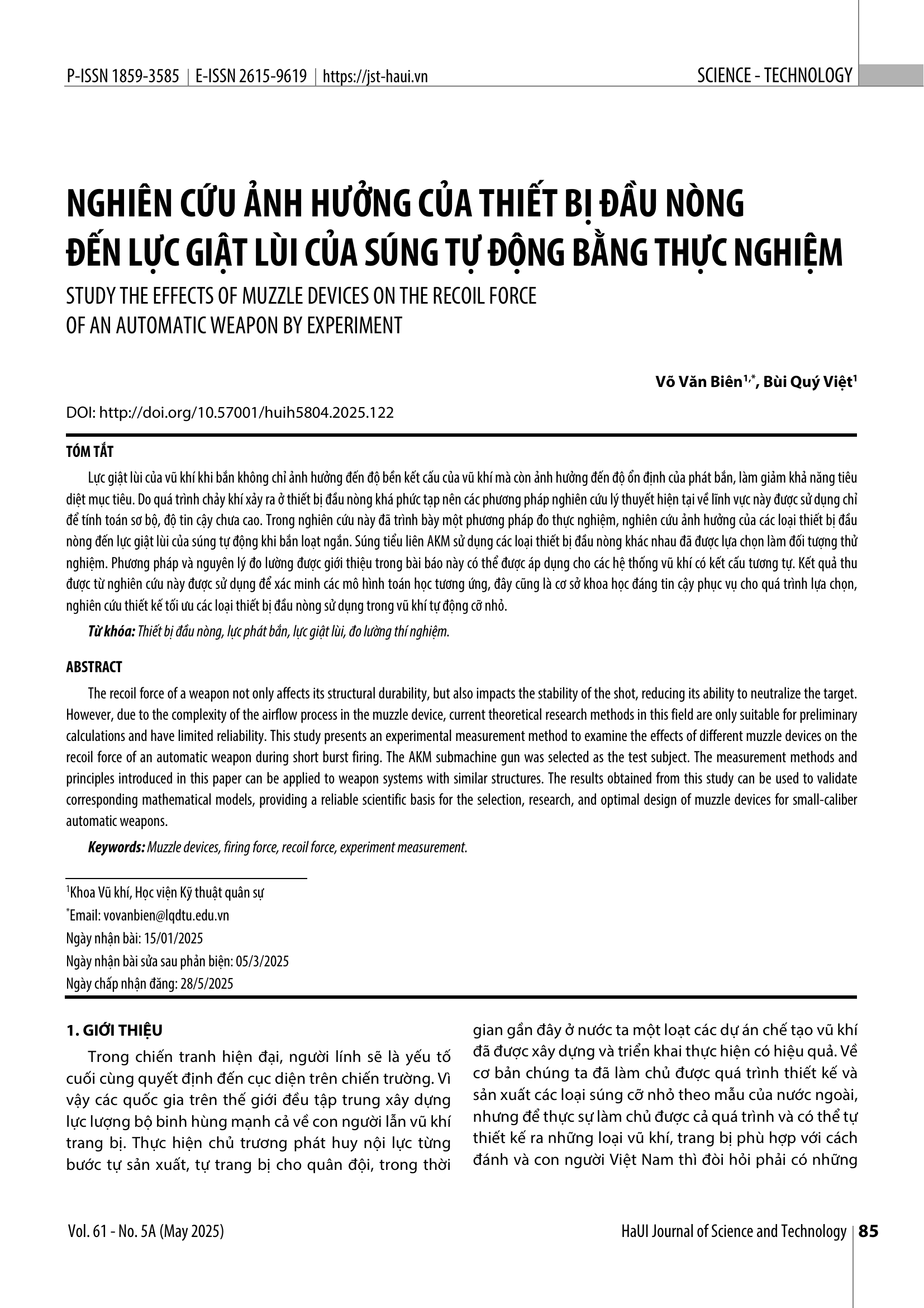 Nghiên cứu ảnh hưởng của thiết bị đầu nòng đến lực giật lùi của súng tự động bằng thực nghiệm