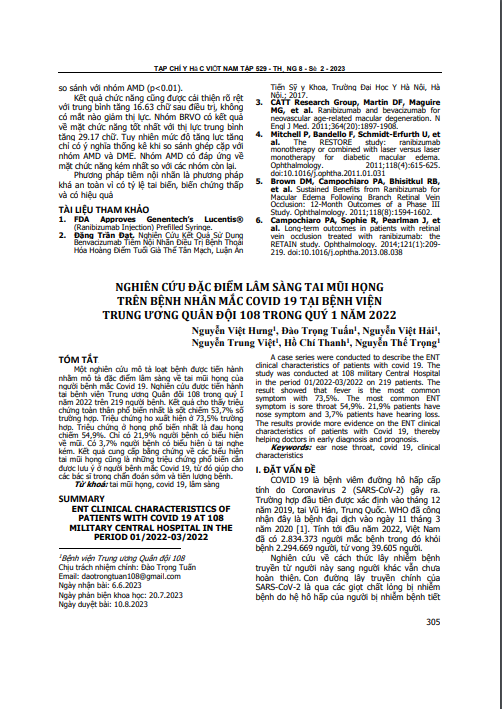 Nghiên cứu đặc điểm lâm sàng tai mũi họng trên bệnh nhân mắc Covid 19 tại Bệnh viện Trung ương Quân đội 108 trong quý 1 năm 2022
