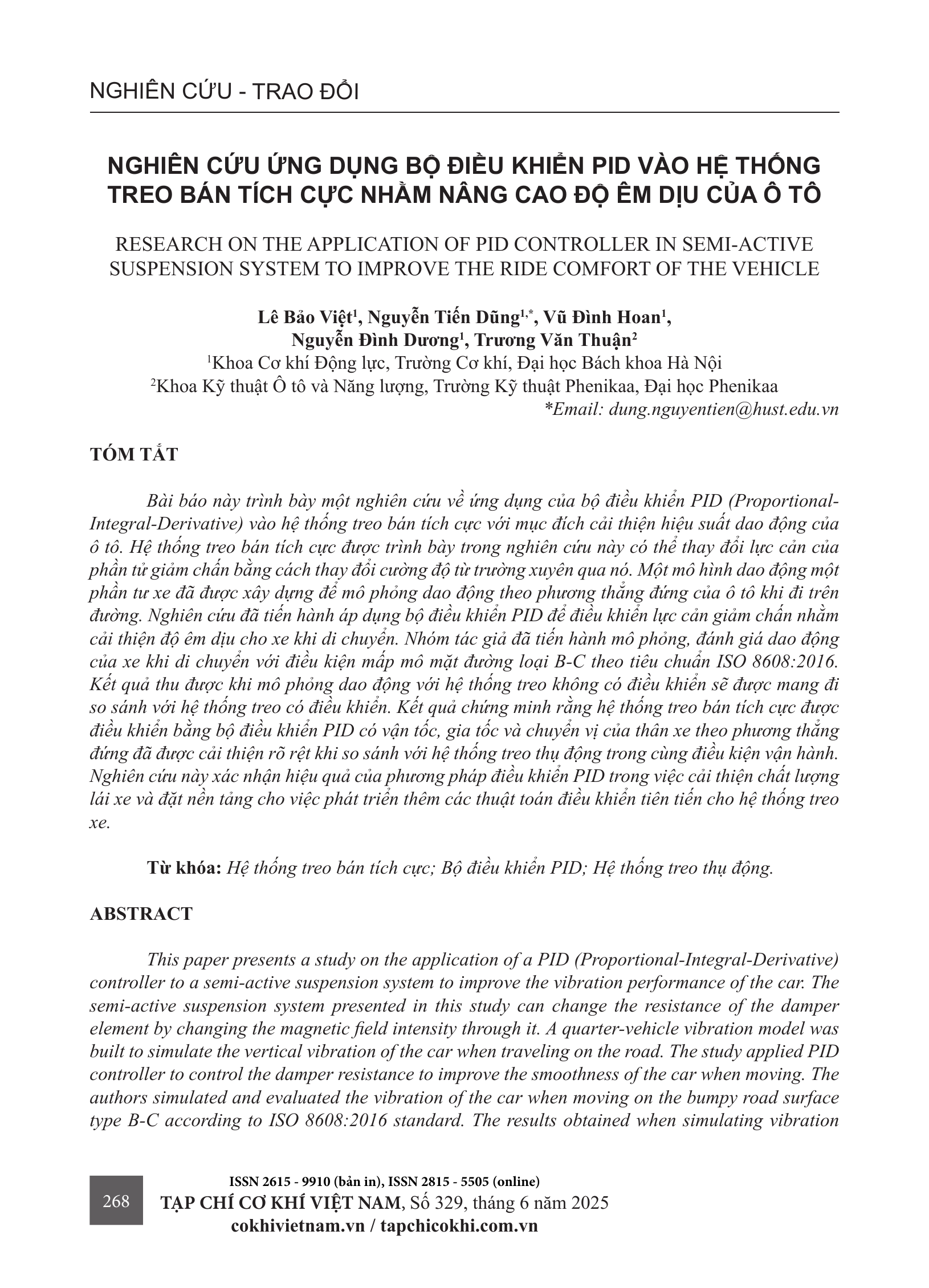 Nghiên cứu ứng dụng bộ điều khiển PID vào hệ thống treo bán tích cực nhằm nâng cao độ êm dịu của ô tô