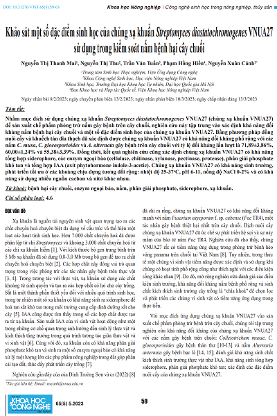 Khảo sát một số đặc điểm sinh học của chủng xạ khuẩn Streptomyces diastatochromogenes VNUA27 sử dụng trong kiểm soát nấm bệnh hại cây chuối