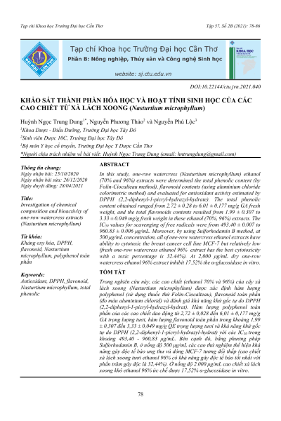 Khảo sát thành phần hóa học và hoạt tính sinh học của các cao chiết từ xà lách xoong (Nasturtium microphyllum)