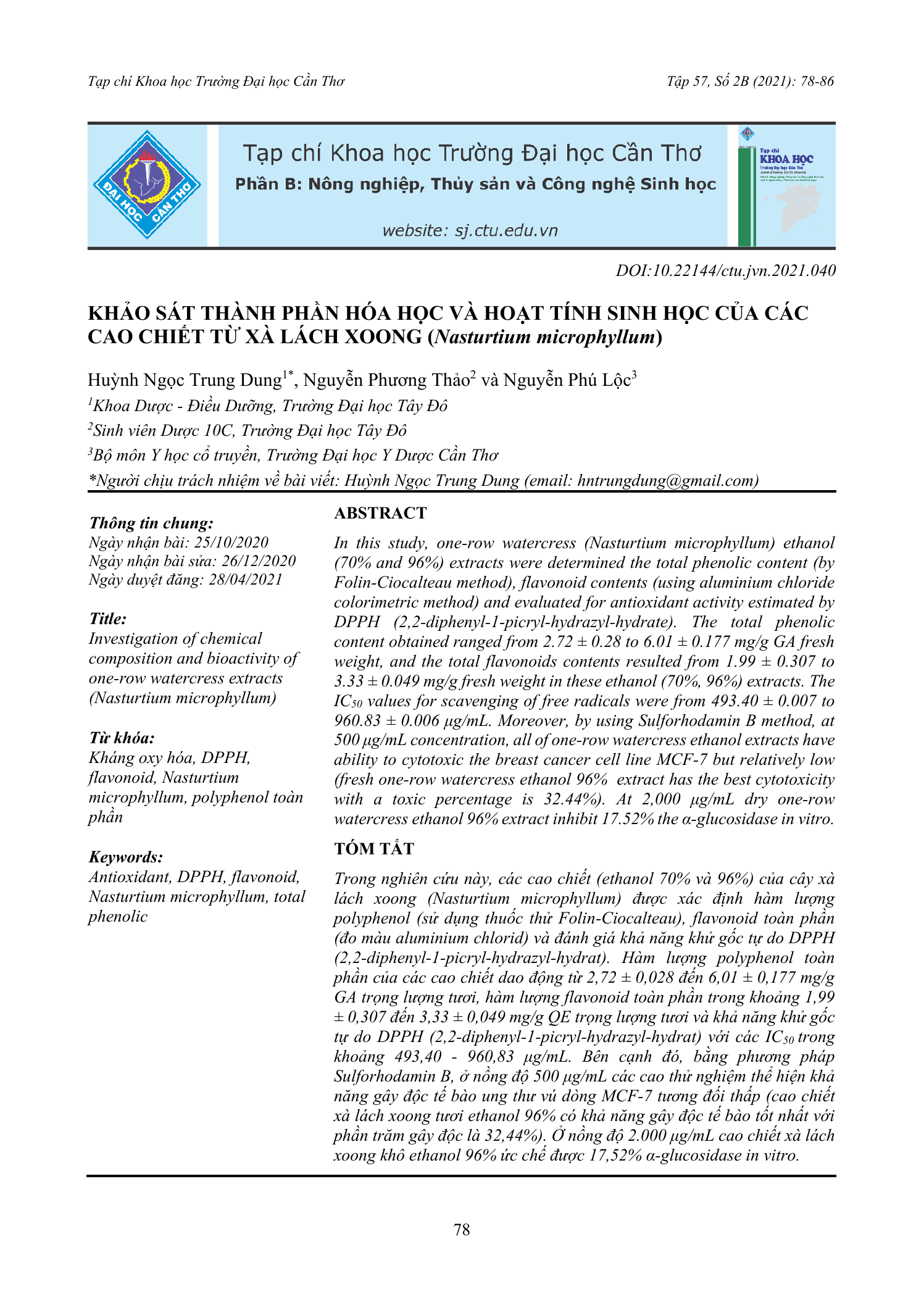 Khảo sát thành phần hóa học và hoạt tính sinh học của các cao chiết từ xà lách xoong (Nasturtium microphyllum)