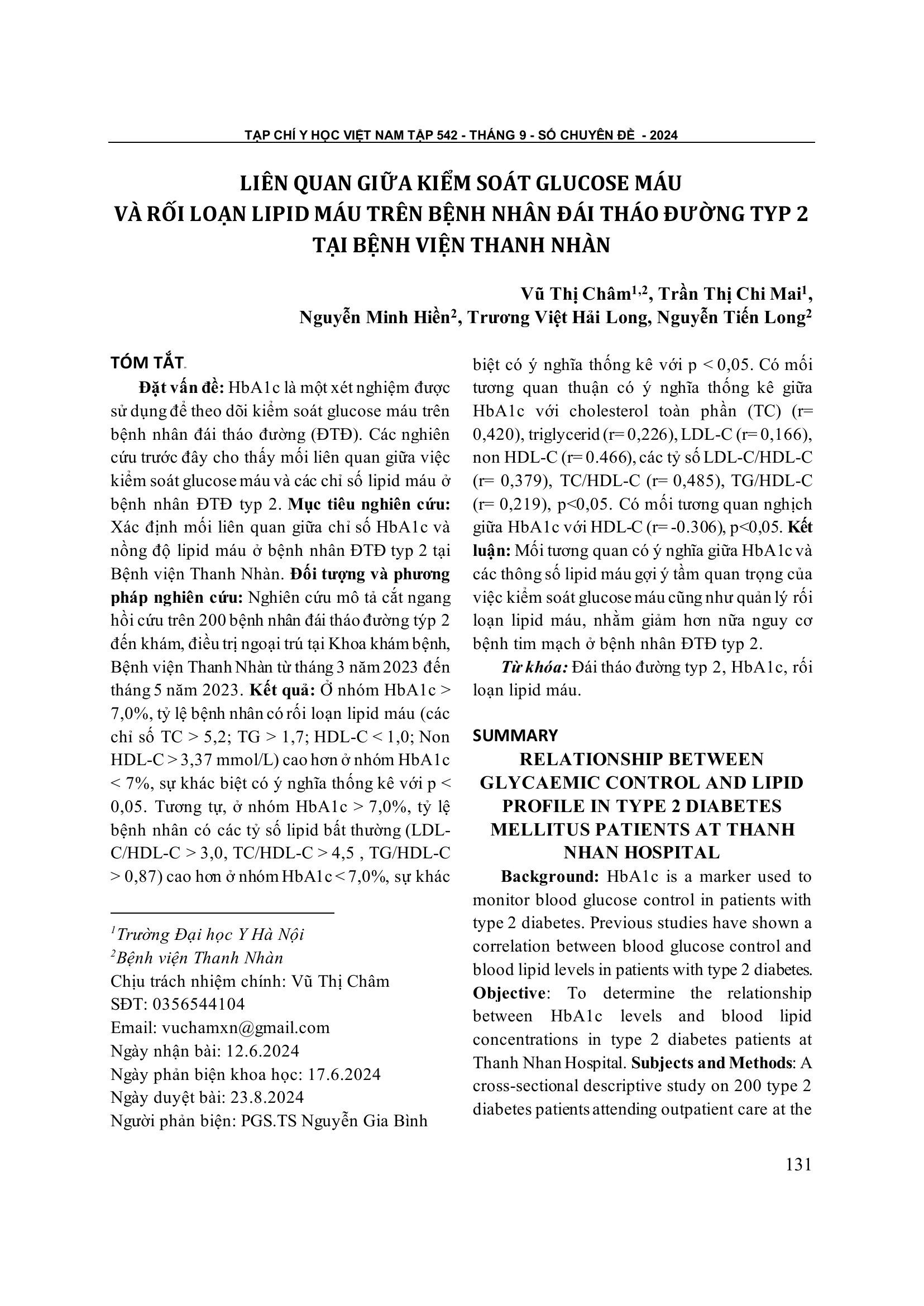 Liên quan giữa kiểm soát glucose máu và rối loạn lipid máu trên bệnh nhân đái tháo đường typ 2 tại Bệnh viện Thanh Nhàn