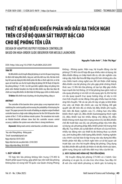 Thiết kế bộ điều khiển phản hồi đầu ra thích nghi trên cơ sở bộ quan sát trượt bậc cao cho bệ phóng tên lửa