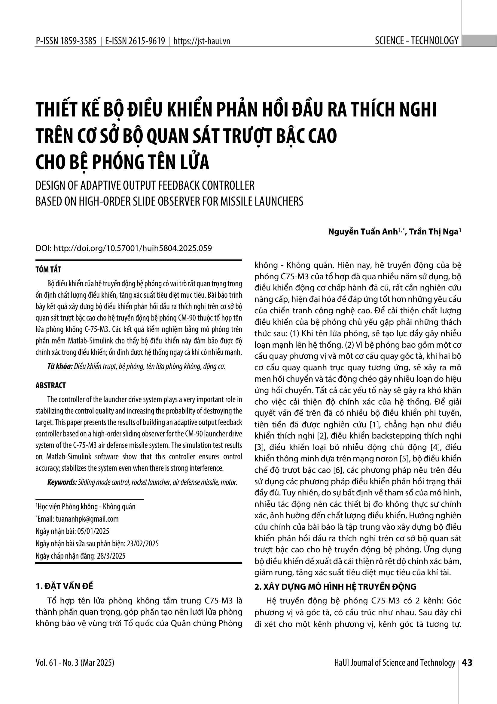 Thiết kế bộ điều khiển phản hồi đầu ra thích nghi trên cơ sở bộ quan sát trượt bậc cao cho bệ phóng tên lửa