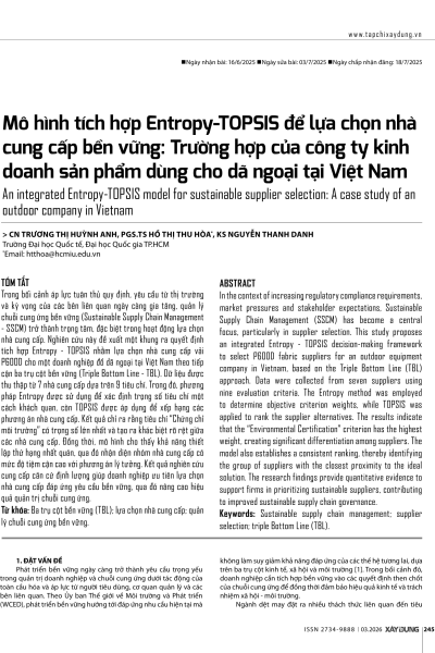 Mô hình tích hợp Entropy-TOPSIS để lựa chọn nhà cung cấp bền vững: Trường hợp của công ty kinh doanh sản phẩm dùng cho dã ngoại tại Việt Nam