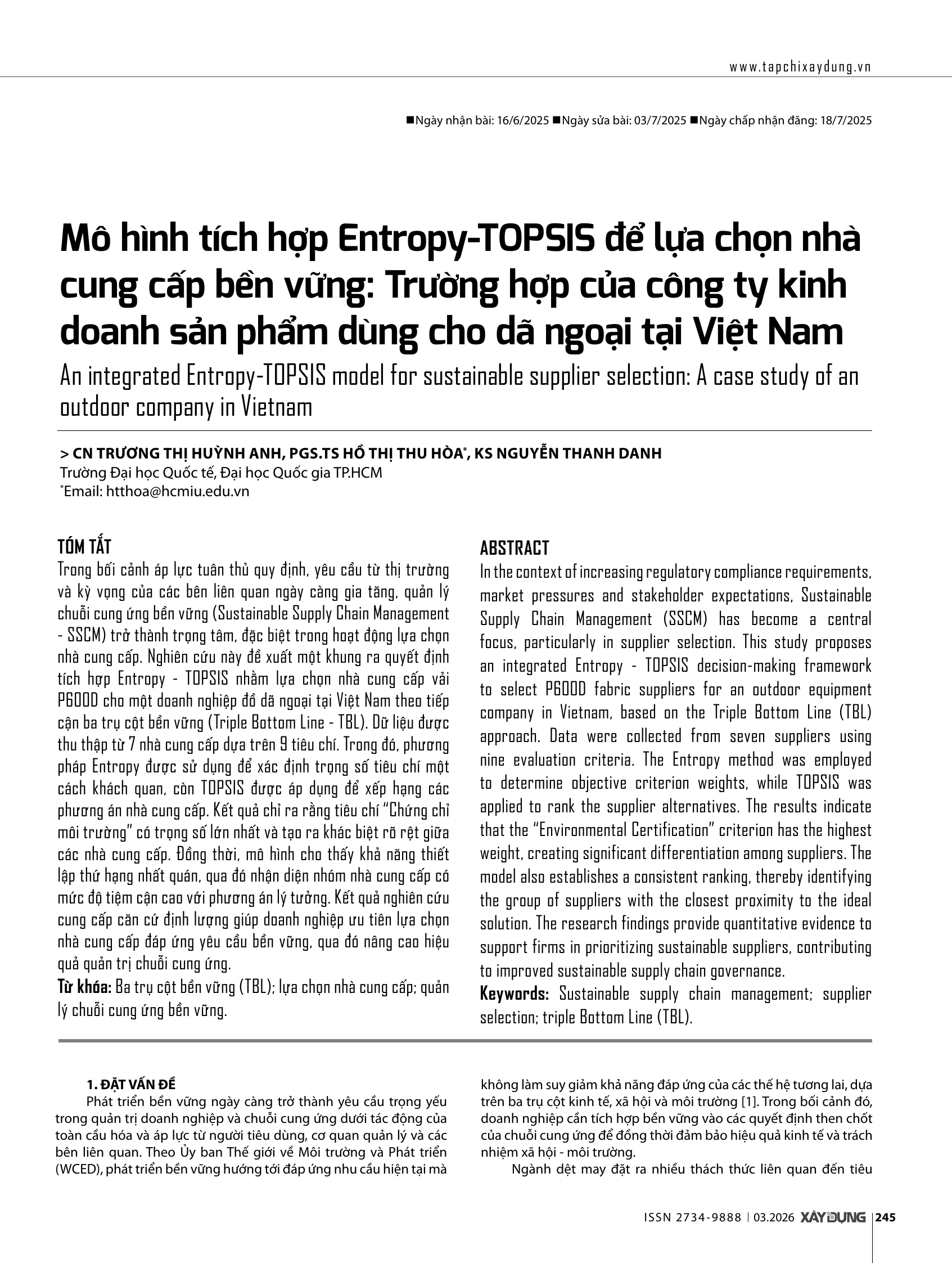 Mô hình tích hợp Entropy-TOPSIS để lựa chọn nhà cung cấp bền vững: Trường hợp của công ty kinh doanh sản phẩm dùng cho dã ngoại tại Việt Nam