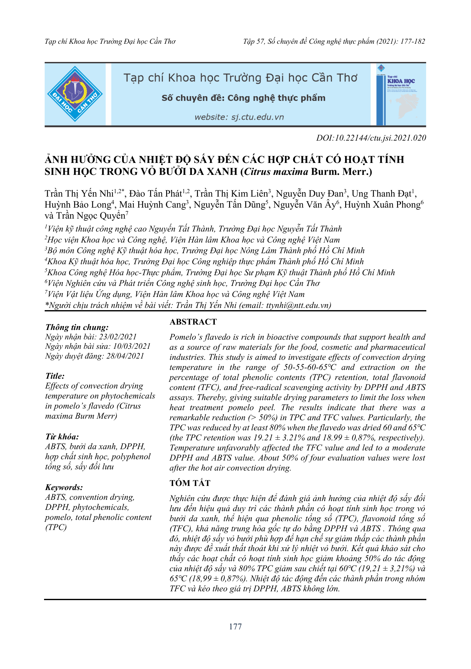 Ảnh hưởng của nhiệt độ sấy đến các hợp chất có hoạt tính sinh học trong vỏ bưởi Da Xanh (Citrus maxima Burm. Merr.)