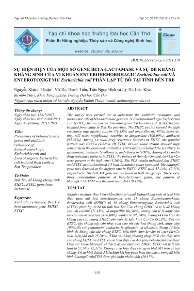 Sự hiện diện của một số gene beta-lactamase và sự đề kháng kháng sinh của vi khuẩn Enterohemorrhagic Escherichia coli và Enterotoxigenic Escherichia coli phân lập từ bò tại tỉnh Bến Tre