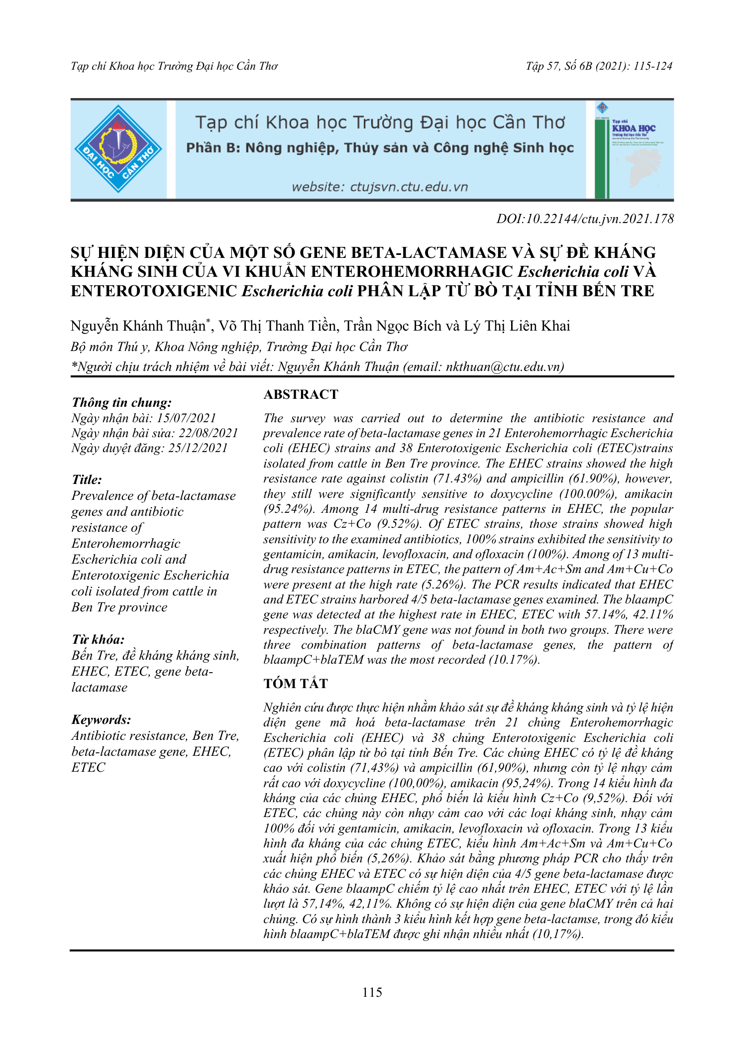 Sự hiện diện của một số gene beta-lactamase và sự đề kháng kháng sinh của vi khuẩn Enterohemorrhagic Escherichia coli và Enterotoxigenic Escherichia coli phân lập từ bò tại tỉnh Bến Tre