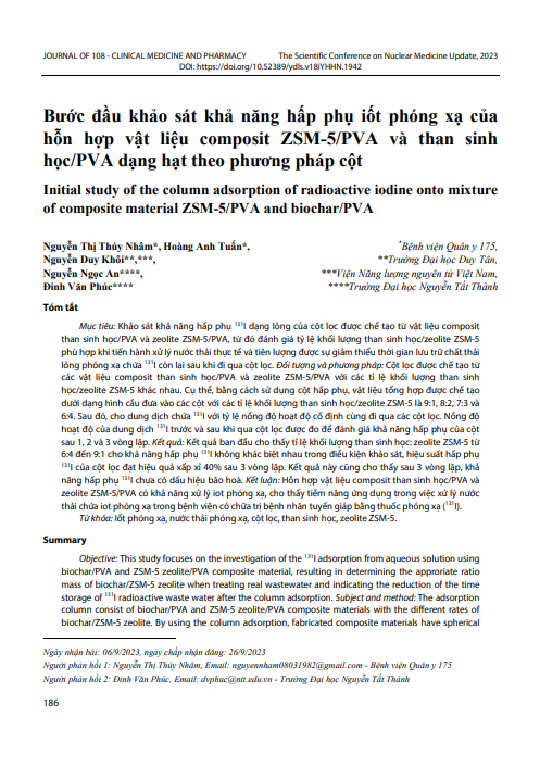 Bước đầu khảo sát khả năng hấp phụ iốt phóng xạ của hỗn hợp vật liệu composit ZSM-5/PVA và than sinh học/PVA dạng hạt theo phương pháp cột