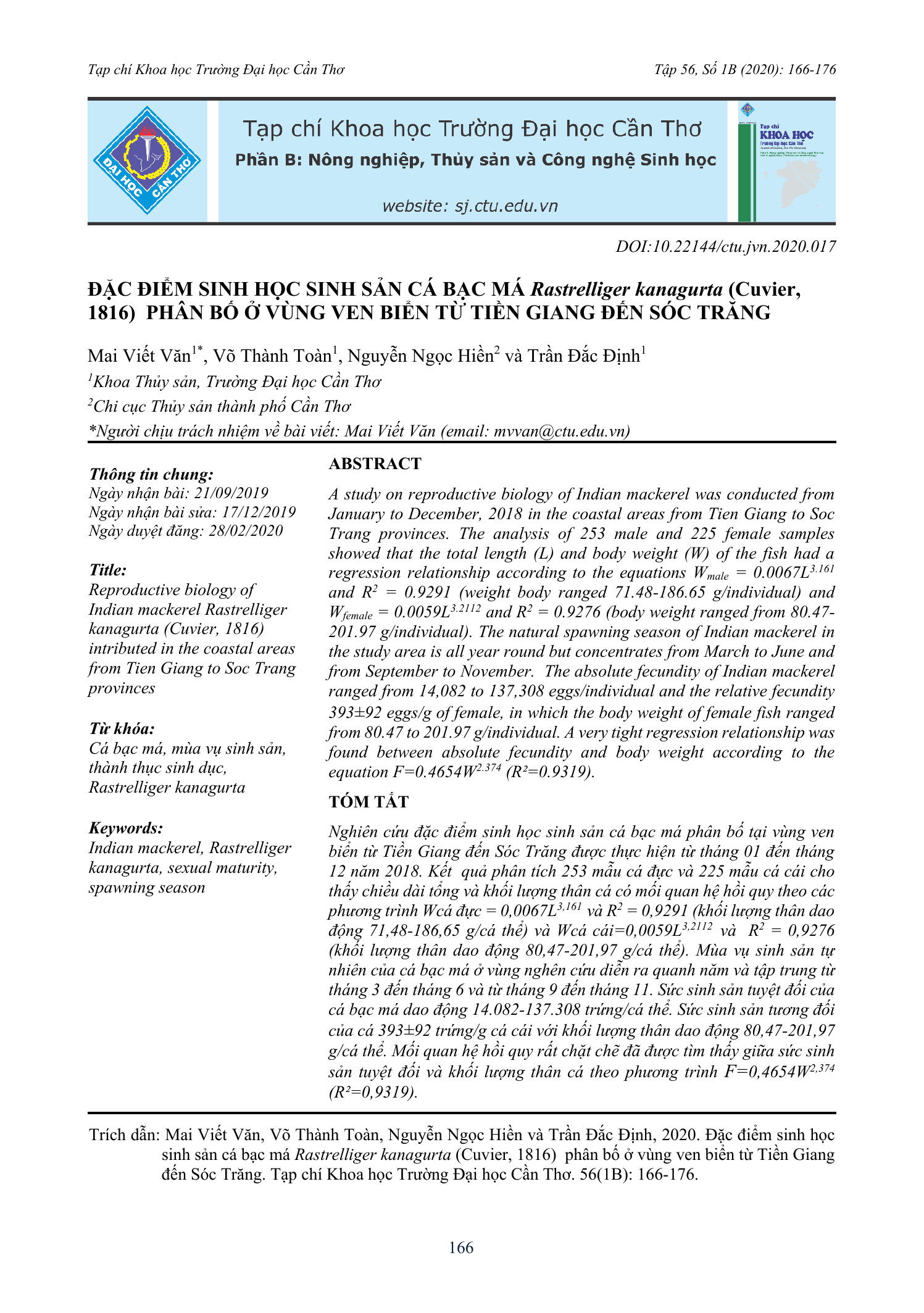 Đặc điểm sinh học sinh sản cá bạc má Rastrelliger kanagurta (Cuvier, 1816) phân bố ở vùng ven biển từ Tiền Giang đến Sóc Trăng