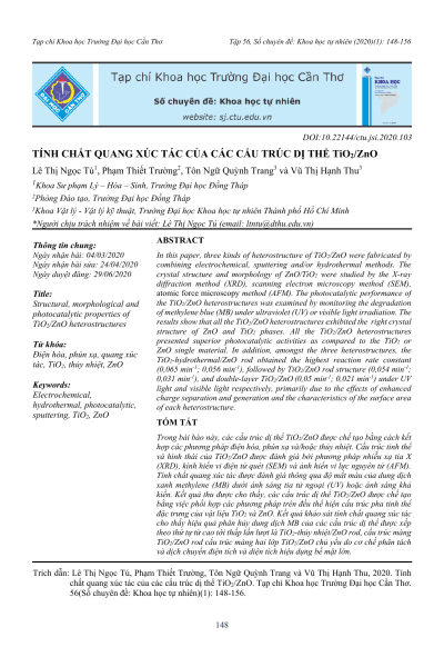 Tính chất quang xúc tác của các cấu trúc dị thể TiO₂/ZnO