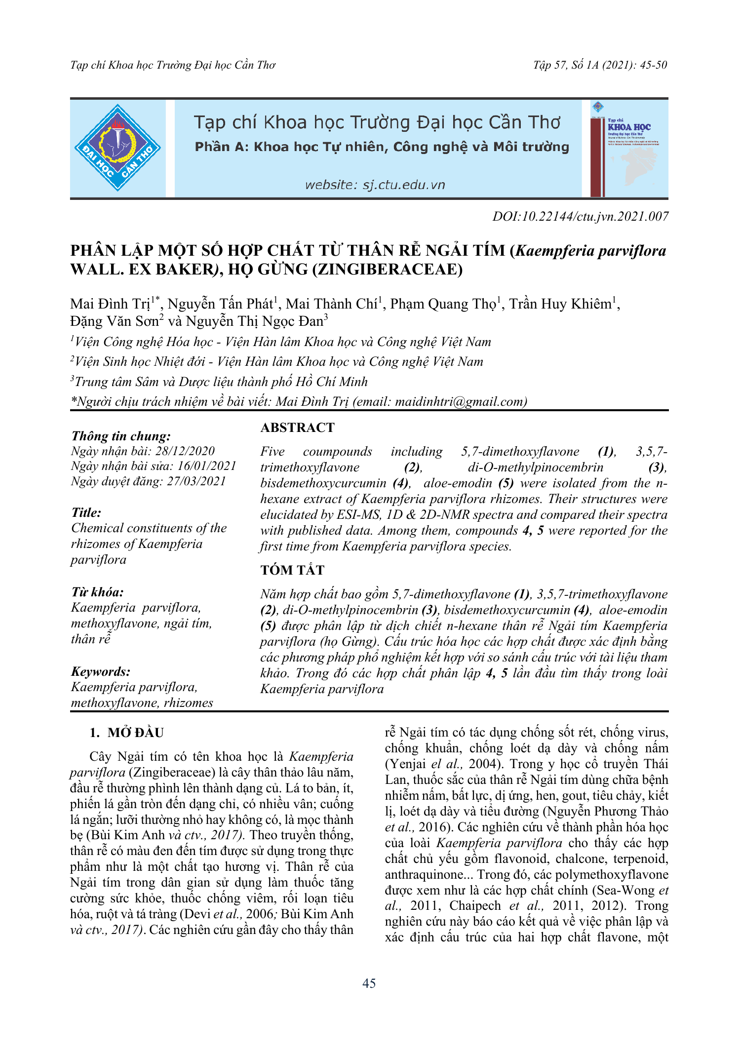 Phân lập một số hợp chất từ thân rễ ngải tím (Kaempferia parviflora Wall. ex Baker), họ gừng (Zingiberaceae)