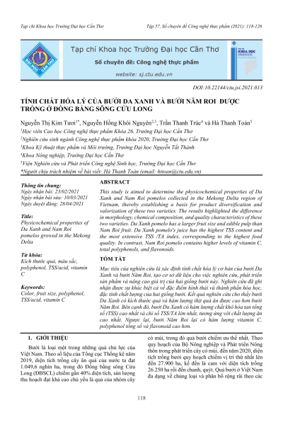 Tính chất hóa lý của bưởi Da Xanh và bưởi Năm Roi được trồng ở Đồng bằng sông Cửu Long