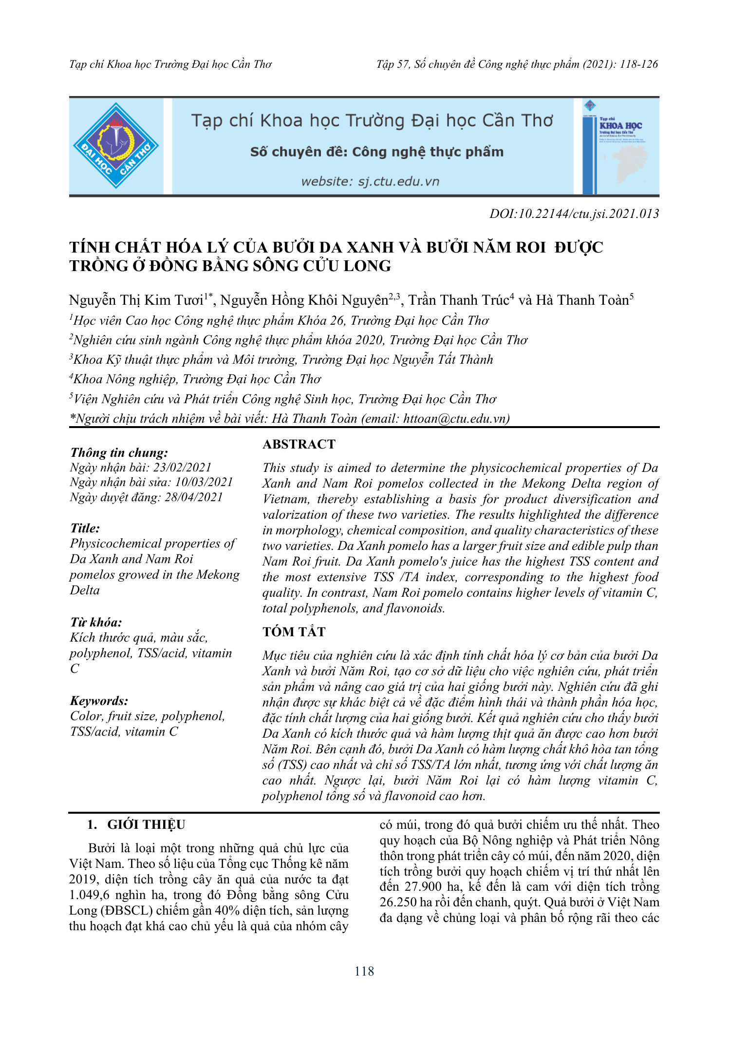 Tính chất hóa lý của bưởi Da Xanh và bưởi Năm Roi được trồng ở Đồng bằng sông Cửu Long