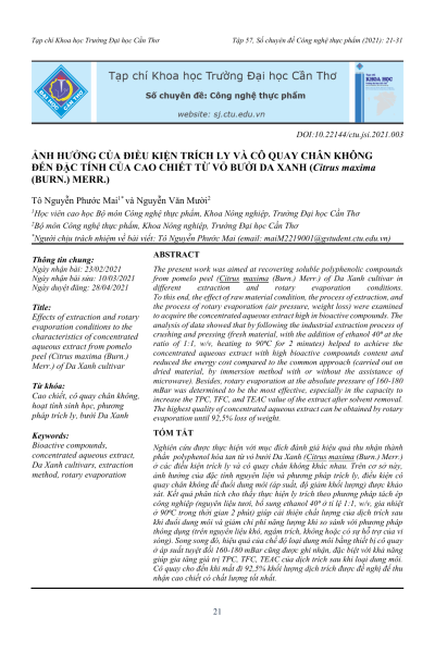 Ảnh hưởng của điều kiện trích ly và cô quay chân không đến đặc tính của cao chiết từ vỏ bưởi Da Xanh (Citrus maxima (Burm.) Merr.)