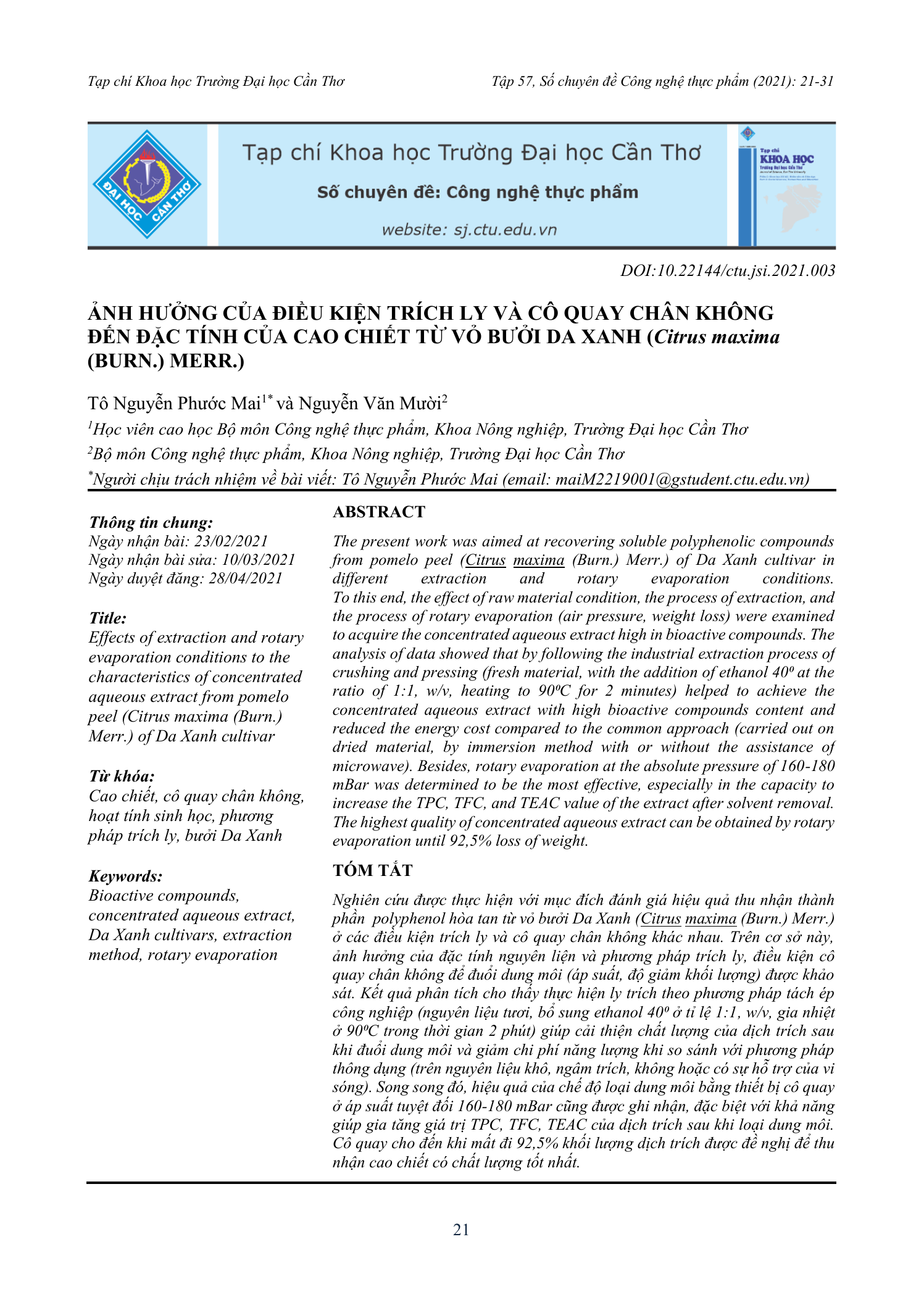 Ảnh hưởng của điều kiện trích ly và cô quay chân không đến đặc tính của cao chiết từ vỏ bưởi Da Xanh (Citrus maxima (Burm.) Merr.)