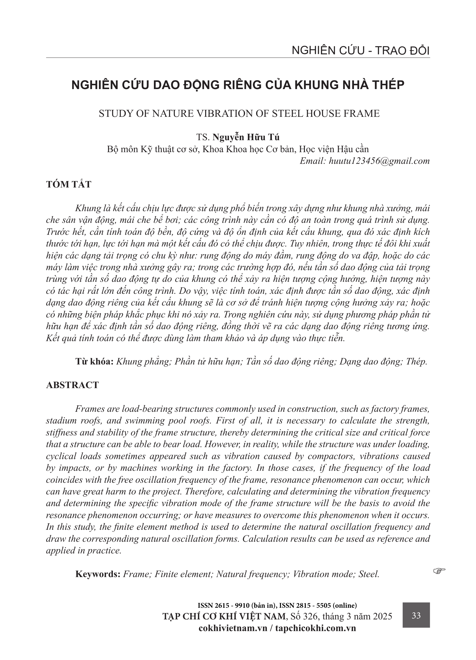 Nghiên cứu dao động riêng của khung nhà thép