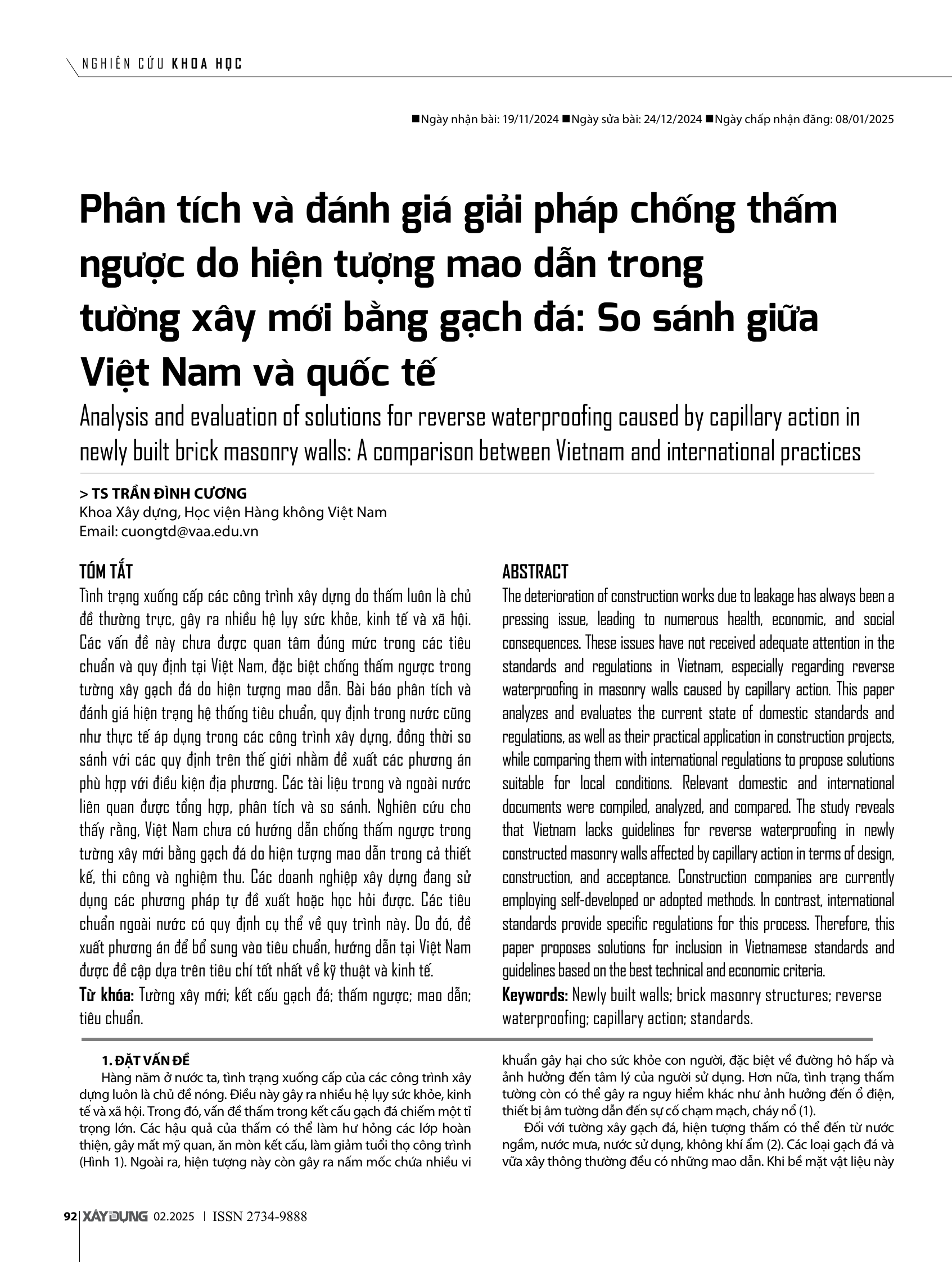 Phân tích và đánh giá giải pháp chống thấm ngược do hiện tượng mao dẫn trong tường xây mới bằng gạch đá: So sánh giữa Việt Nam và quốc tế