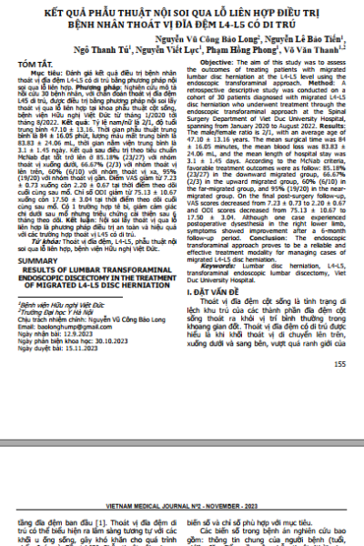 Kết quả phẫu thuật nội soi qua lỗ liên hợp điều trị bệnh nhân thoát vị đĩa đệm l4-l5 có di trú