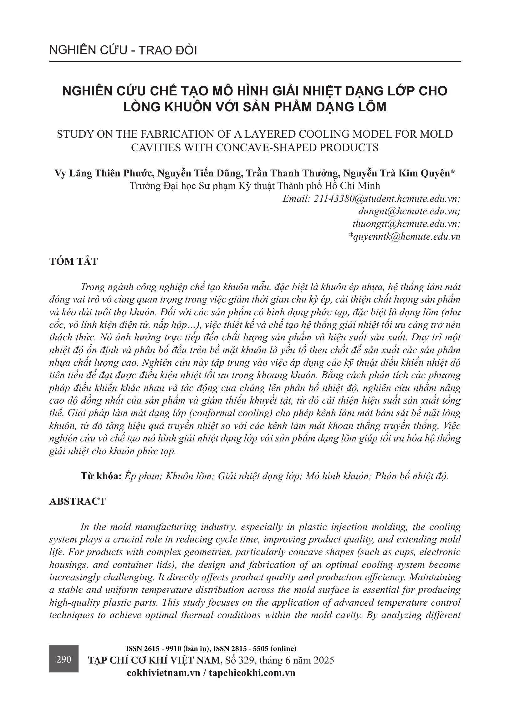 Nghiên cứu chế tạo mô hình giải nhiệt dạng lớp cho lòng khuôn với sản phẩm dạng lõm
