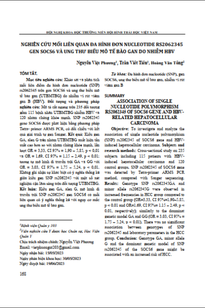 Nghiên cứu mối liên quan đa hình đơn Nucleotide RS2062345 gen Socs6 và ung thư biểu mô tế bào gan do nhiễm HBV