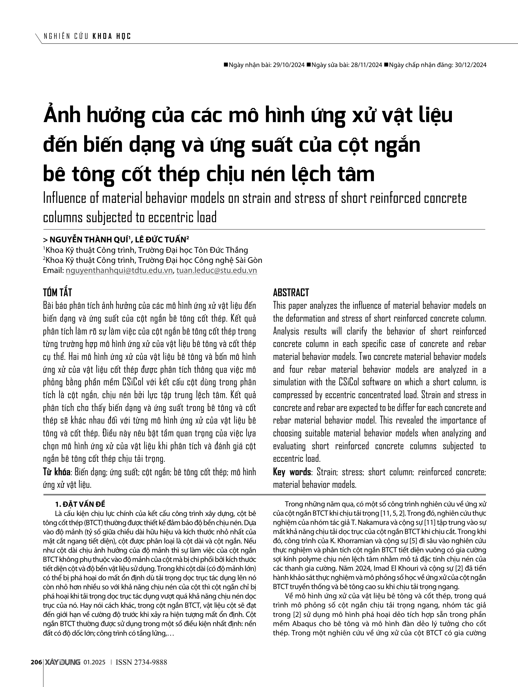 Ảnh hưởng của các mô hình ứng xử vật liệu đến biến dạng và ứng suất của cột ngắn bê tông cốt thép chịu nén lệch tâm
