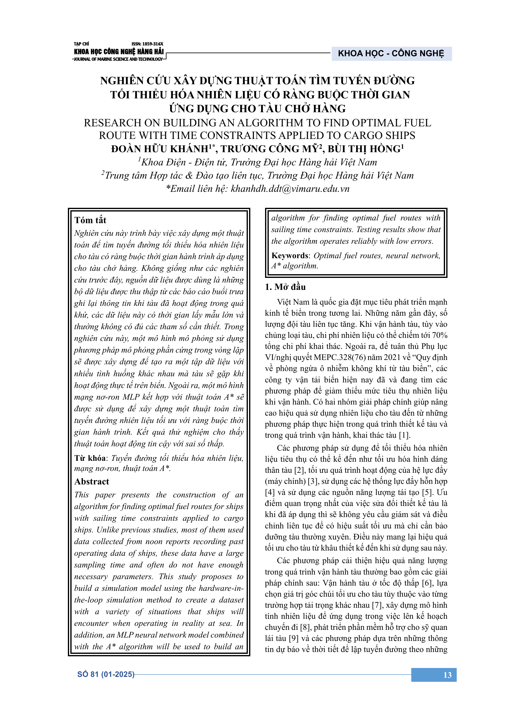 Nghiên cứu xây dựng thuật toán tìm tuyến đường tối thiểu hóa nhiên liệu có ràng buộc thời gian ứng dụng cho tàu chở hàng