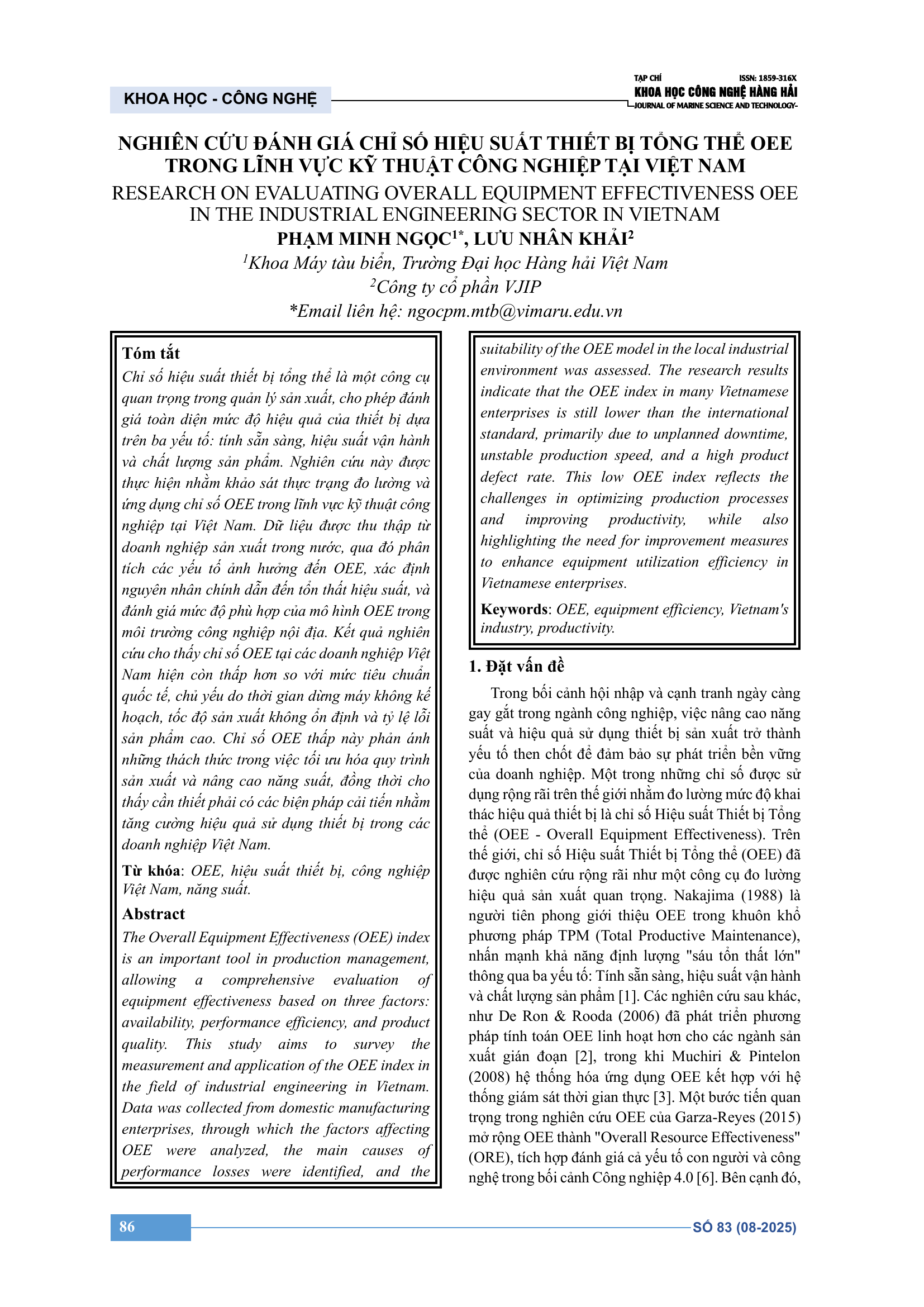 Nghiên cứu đánh giá chỉ số hiệu suất thiết bị tổng thể OEE trong lĩnh vực kỹ thuật công nghiệp tại Việt Nam