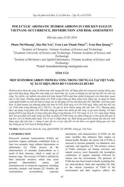Một số hydrocarbon thơm đa vòng trong trứng gà tại Việt Nam: sự xuất hiện, phân bố và đánh giá rủi ro