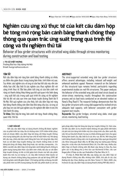 Nghiên cứu ứng xử thực tế của kết cấu dầm hộp bê tông mở rộng bản cánh bằng thanh chống thép thông qua quan trắc ứng suất trong quá trình thi công và thí nghiệm thử tải