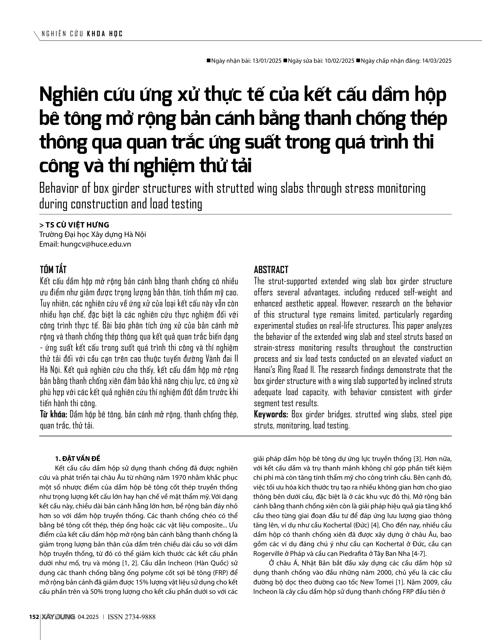Nghiên cứu ứng xử thực tế của kết cấu dầm hộp bê tông mở rộng bản cánh bằng thanh chống thép thông qua quan trắc ứng suất trong quá trình thi công và thí nghiệm thử tải