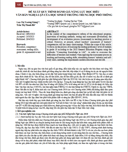 Đề xuất quy trình đánh giá năng lực đọc hiểu văn bản nghị luận của học sinh ở trường trung học phổ thông