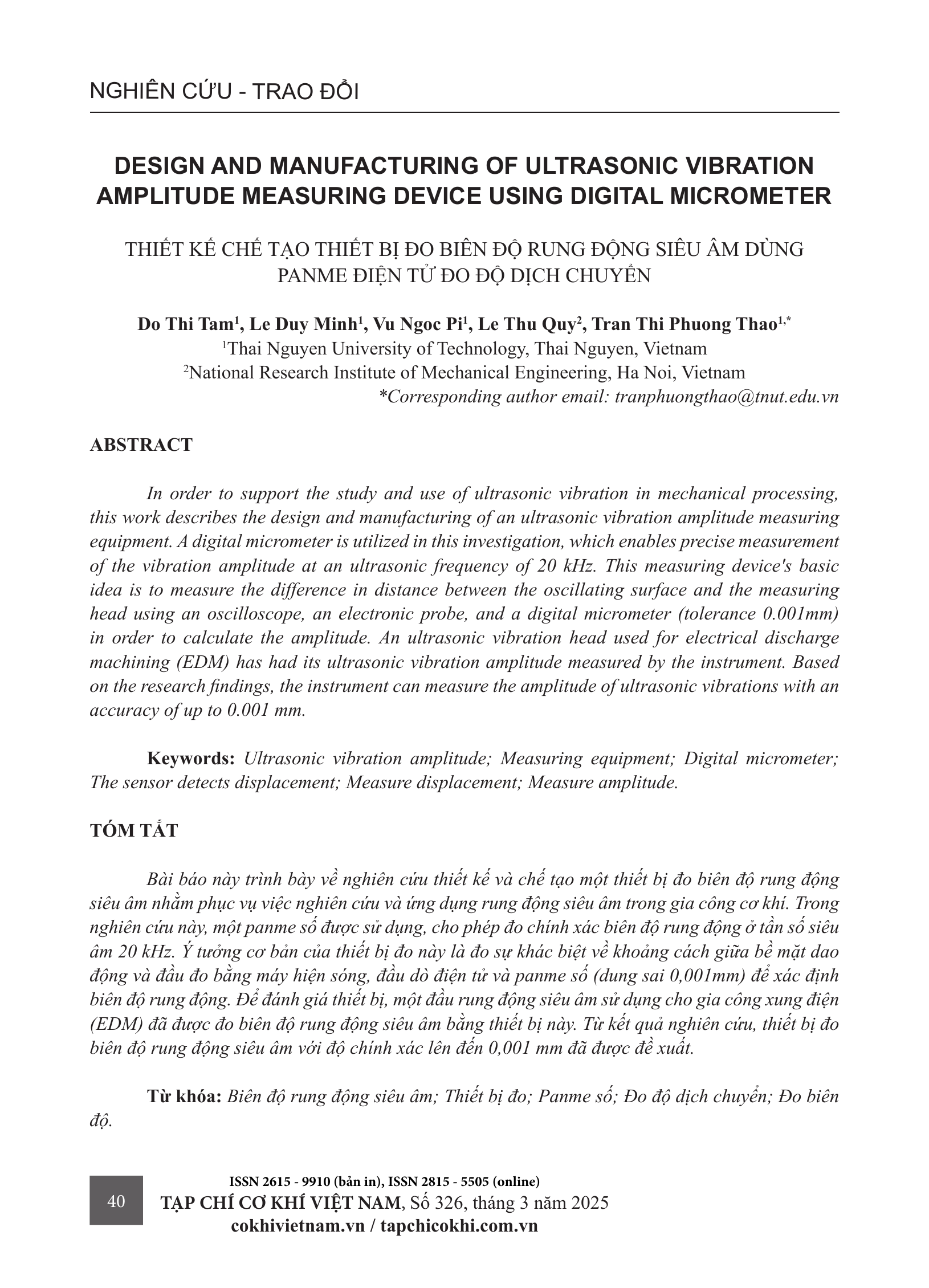 Thiết kế chế tạo thiết bị đo biên độ rung động siêu âm dùng panme điện tử đo độ dịch chuyển