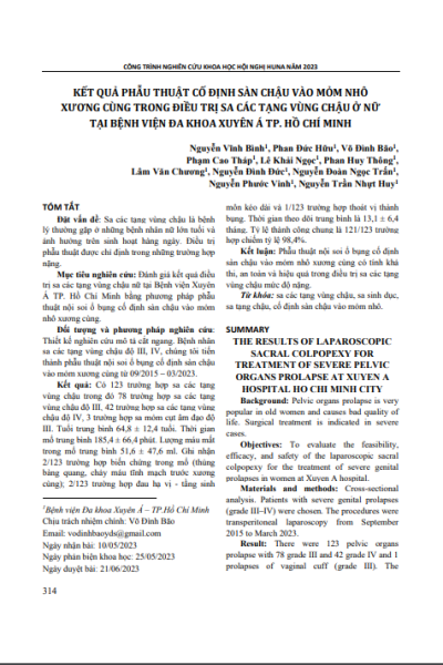 Kết quả phẫu thuật cố định sàn chậu vào mỏm nhô xương cùng trong điều trị sa các tạng vùng chậu ở nữ tại Bệnh viện Đa khoa Xuyên Á thành phố Hồ Chí Minh
